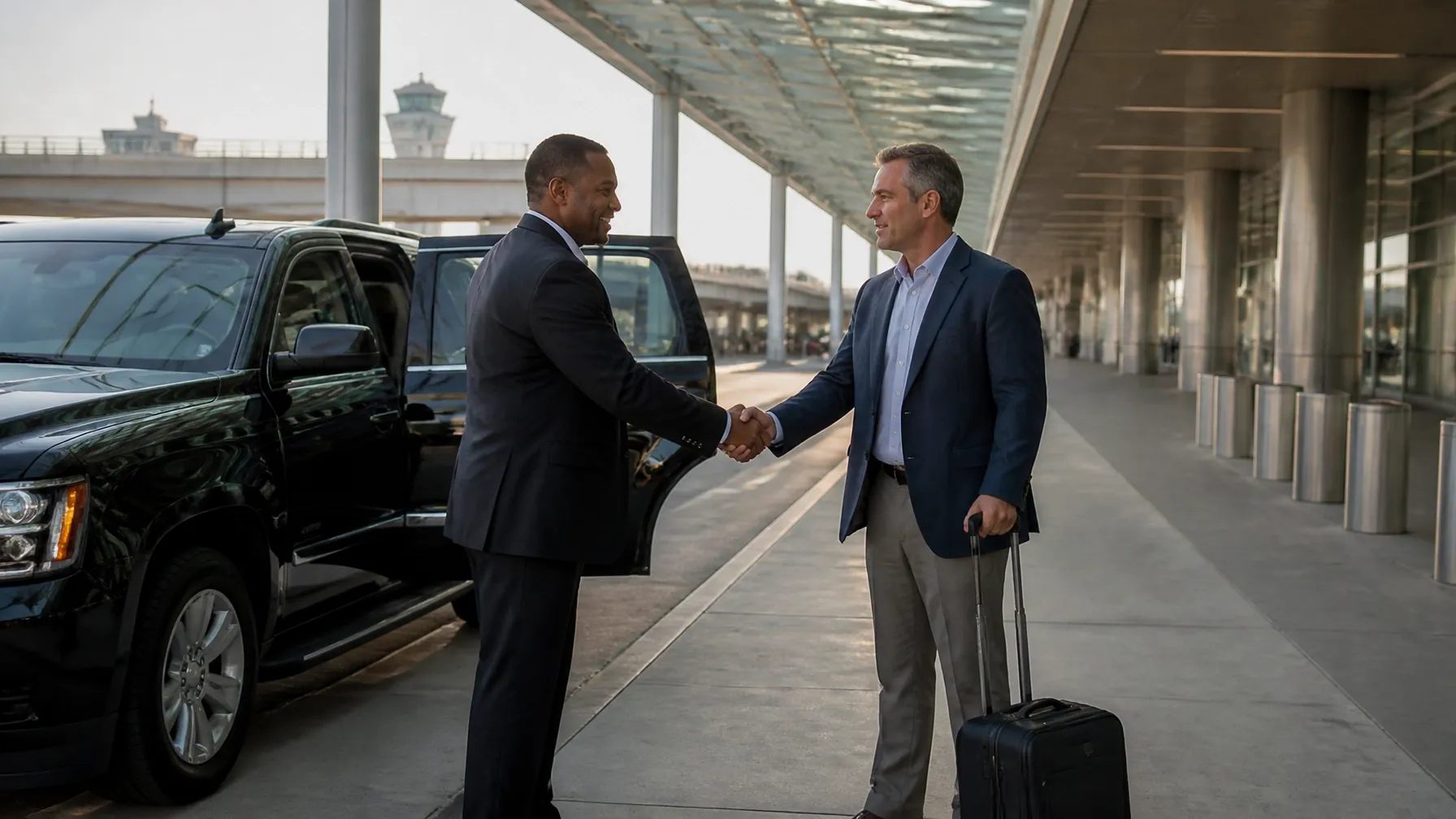 Chauffeur assisting a passenger with an IAH airport handoff