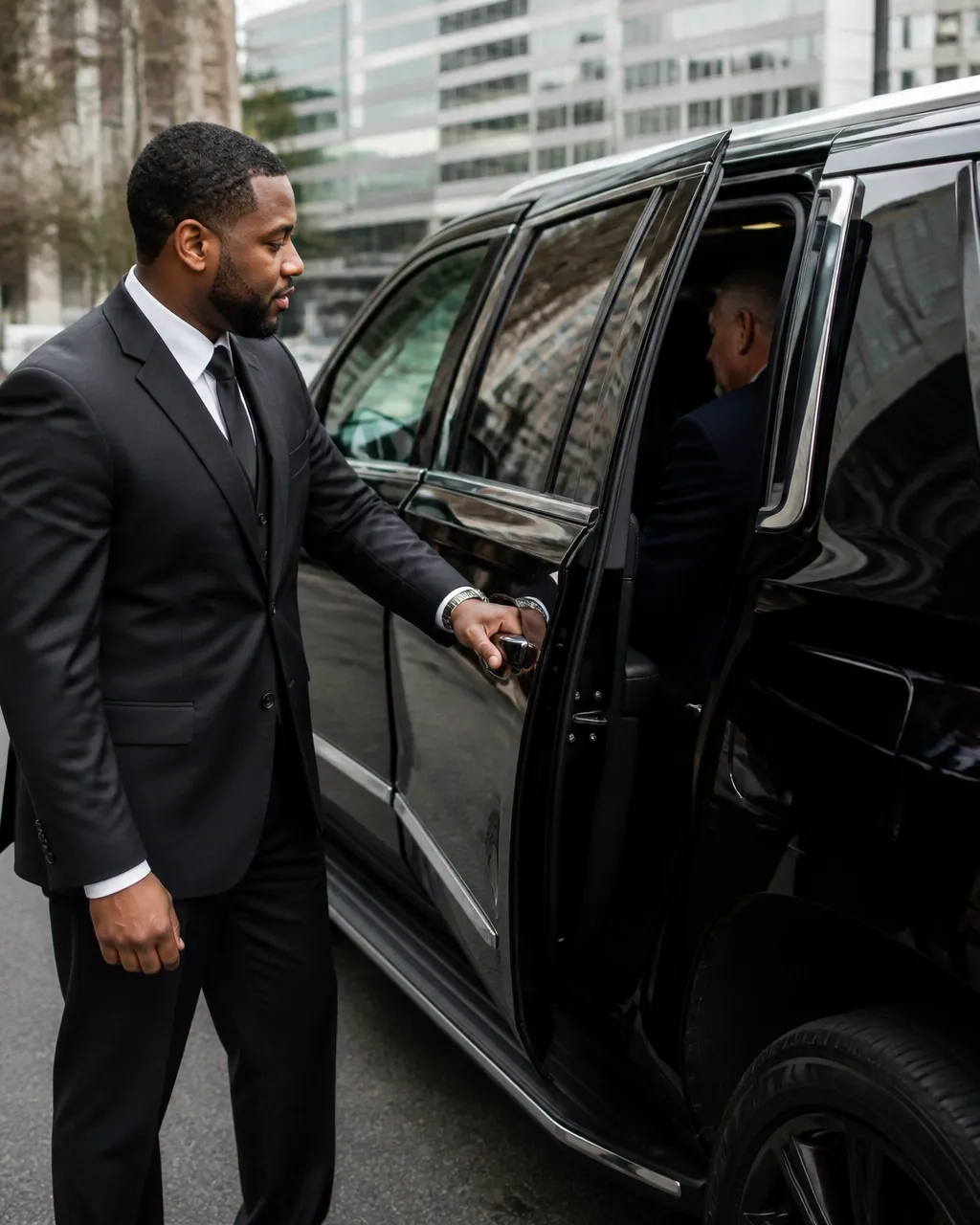 Chauffeur assisting a passenger into a black executive SUV