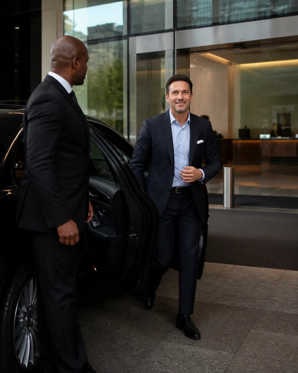 Executive passenger arriving at a Houston business meeting