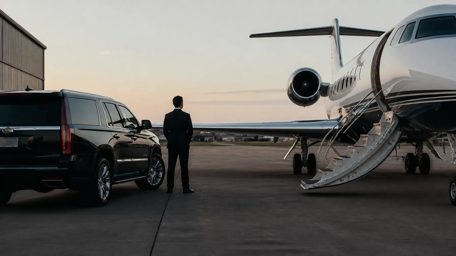 Executive vehicle positioned beside a private aviation tarmac