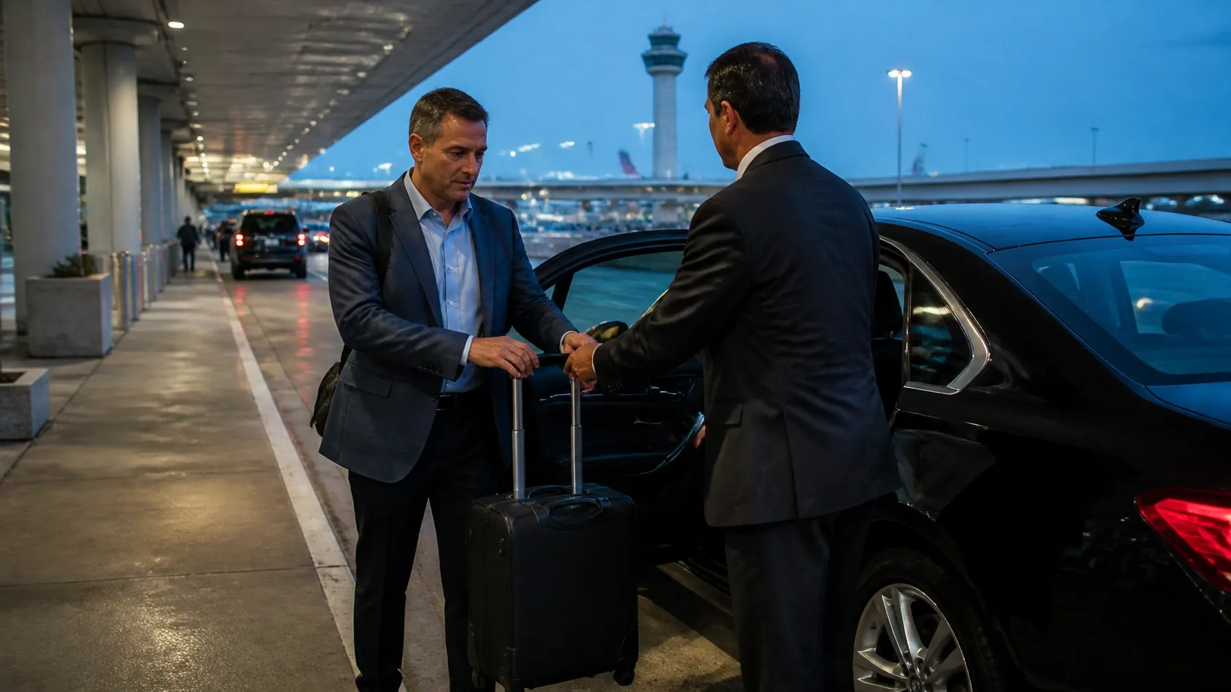 Chauffeur greeting a passenger at a Houston airport arrival