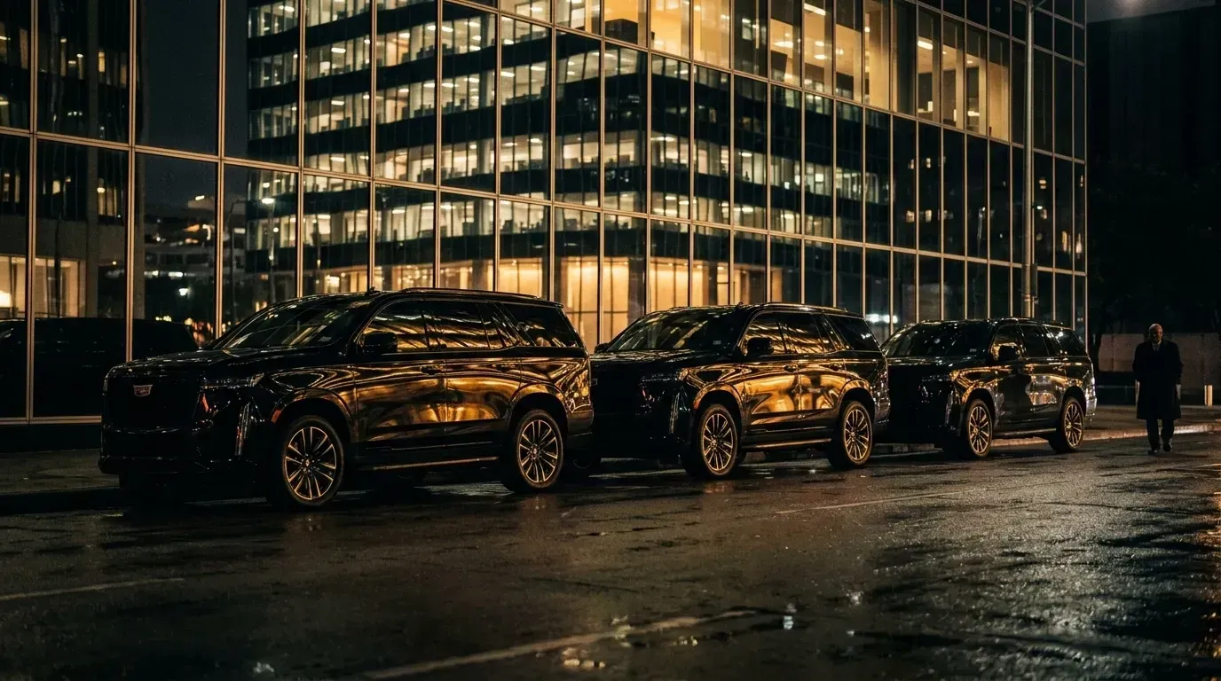 Black SUVs outside a lit Houston business district